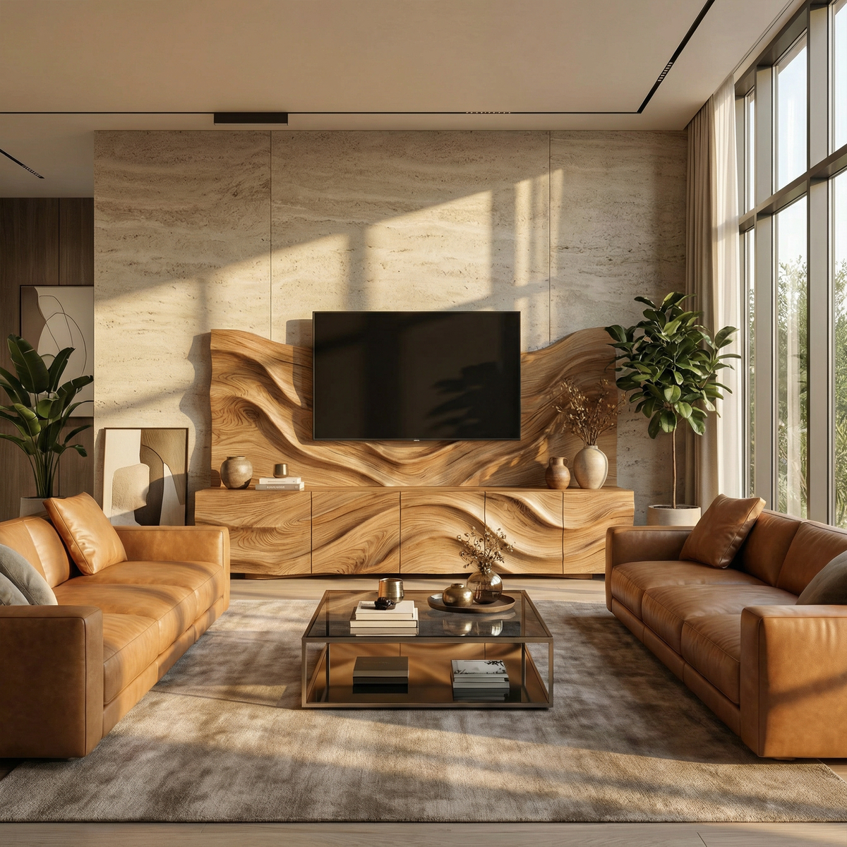 Scandinavian TV Cabinet & Slat Wood Wall Panel Set, Modern Entertainment Center for Living Room, Media Console