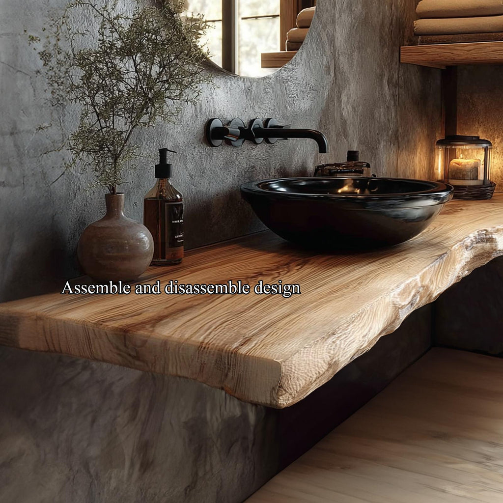 Mid-Century Floating Shelf, Natural Edge Solid Wood Bathroom Vanity Countertop, Single Sink Shelf Console