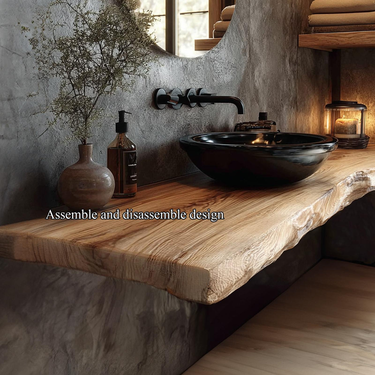 Mid-Century Floating Shelf, Natural Edge Solid Wood Bathroom Vanity Countertop, Single Sink Shelf Console
