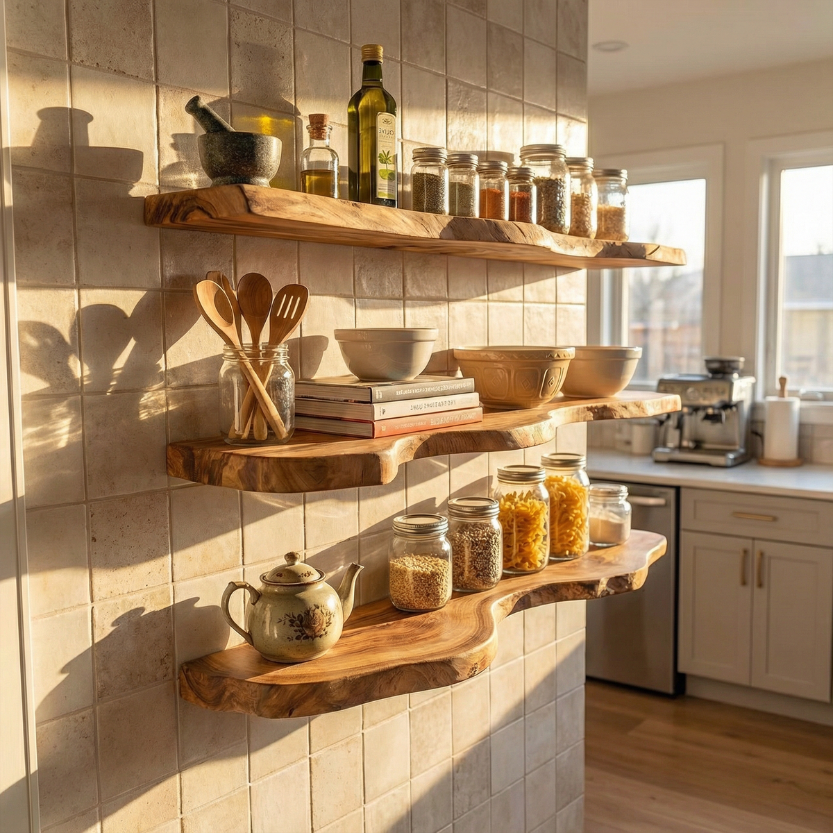 Modern Live Edge Floating Wall Shelves, Solid Wood Slab Display Ledges for Rustic Kitchen, Living Room & Bathroom