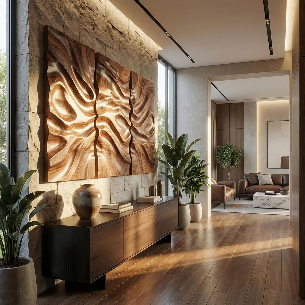 Modern Carved Wall Art, Handcrafted Textured Wooden Panel Hanging Decor for Living Room & Bedroom