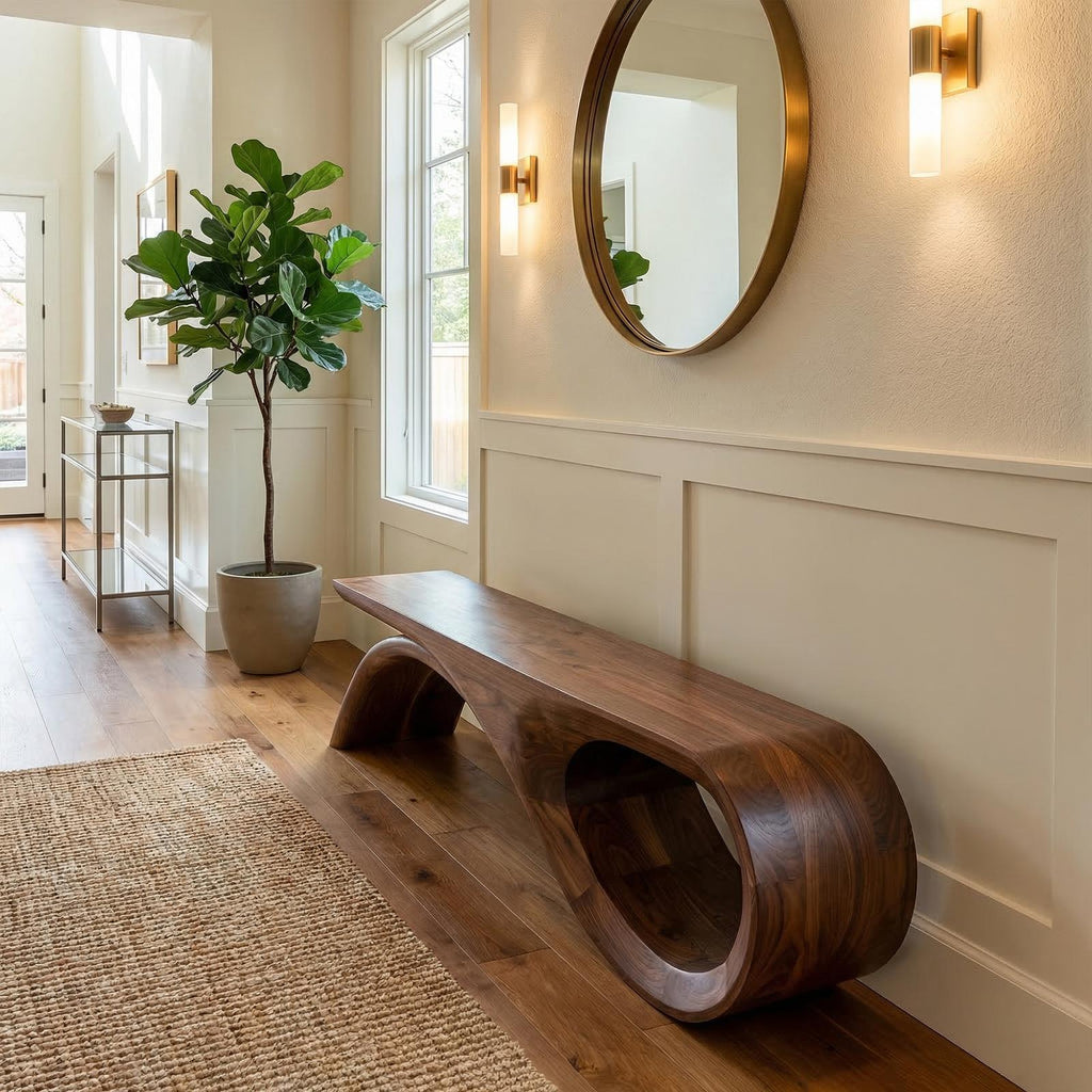 Spry Interior Rustic Solid Wood Bench, Loop Curved Base Entryway Bench & Indoor Seating for Living Room, SINLKIRS089