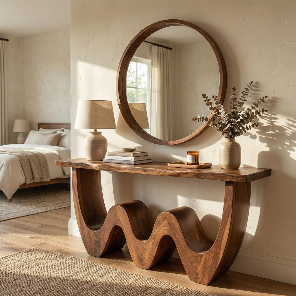 Rustic Triple Wave Wood Console Table, Sculptural Entryway, Hallway & Sofa Back Table