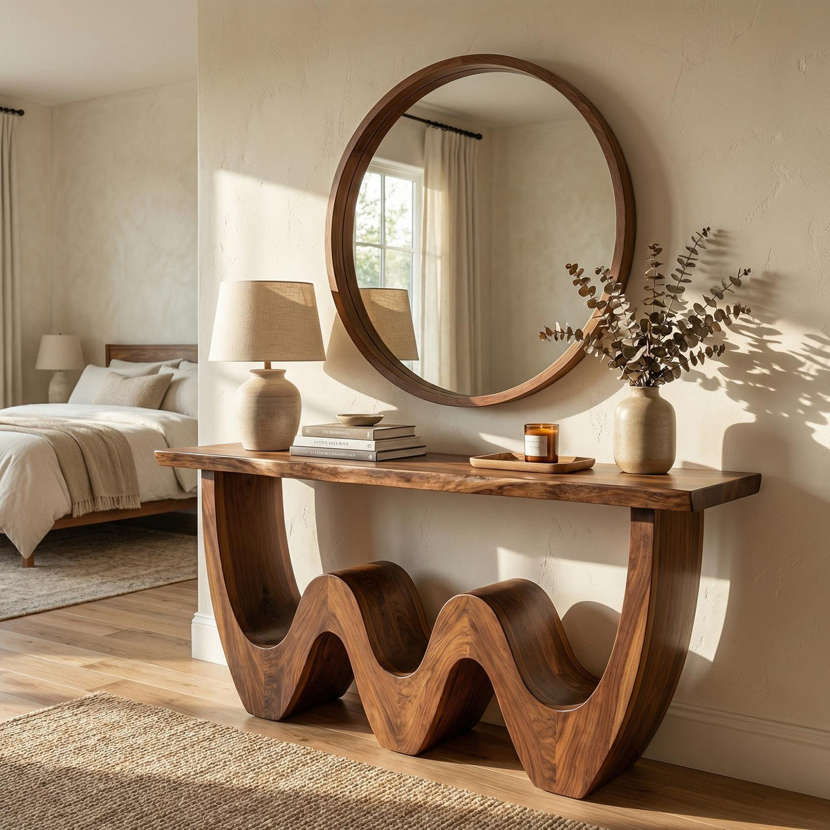 Rustic Triple Wave Wood Console Table, Sculptural Entryway, Hallway & Sofa Back Table