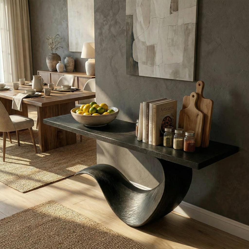 Modern Sculptural Console Table, Solid Wood Entryway, Hallway & Sofa Back Accent Table