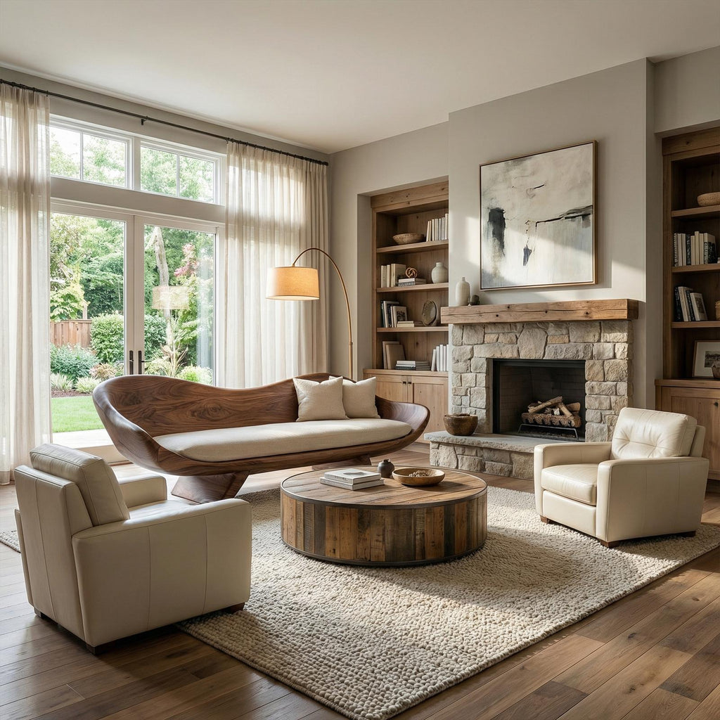 Modern Sculptural Wood Sofa Living Room Organic Curved Couch Statement Furniture