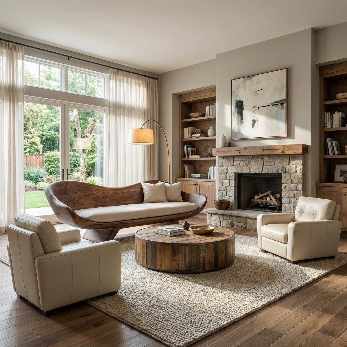 Modern Sculptural Wood Sofa Living Room Organic Curved Couch Statement Furniture