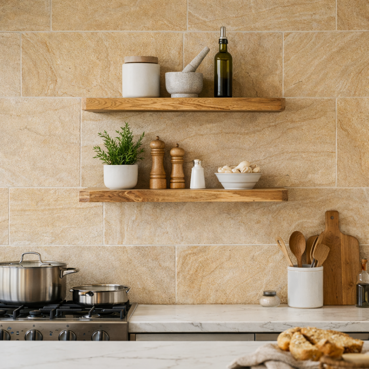 Modern Natural Oak Floating Wall Shelves, Minimalist Solid Wood Display Ledges for Bedroom, Living Room & Plants