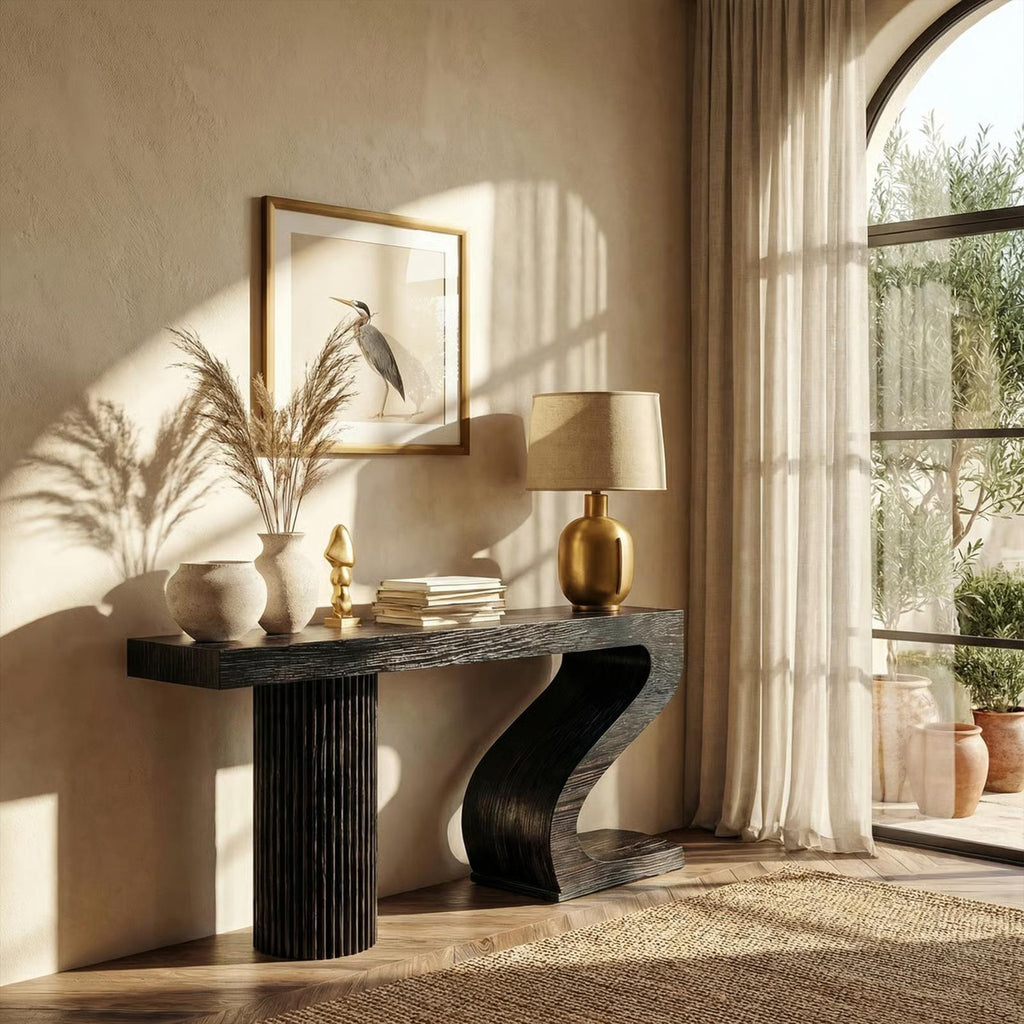 Modern Sculptural Wood Console Table, Handcrafted Entryway & Living Room Sofa Back Table