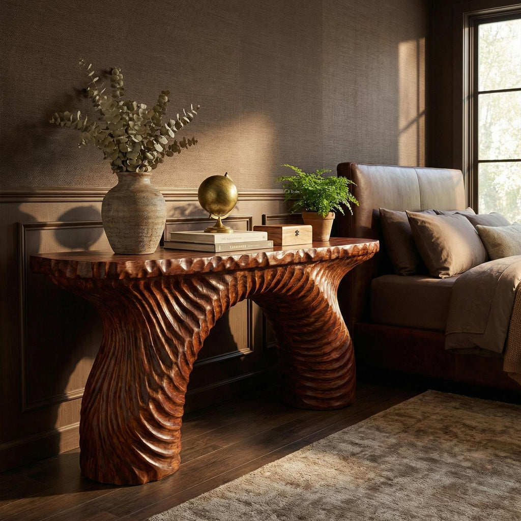 Rustic Ribbed Arch Wood Console Table, Handcrafted Narrow Entryway & Hallway Accent Table