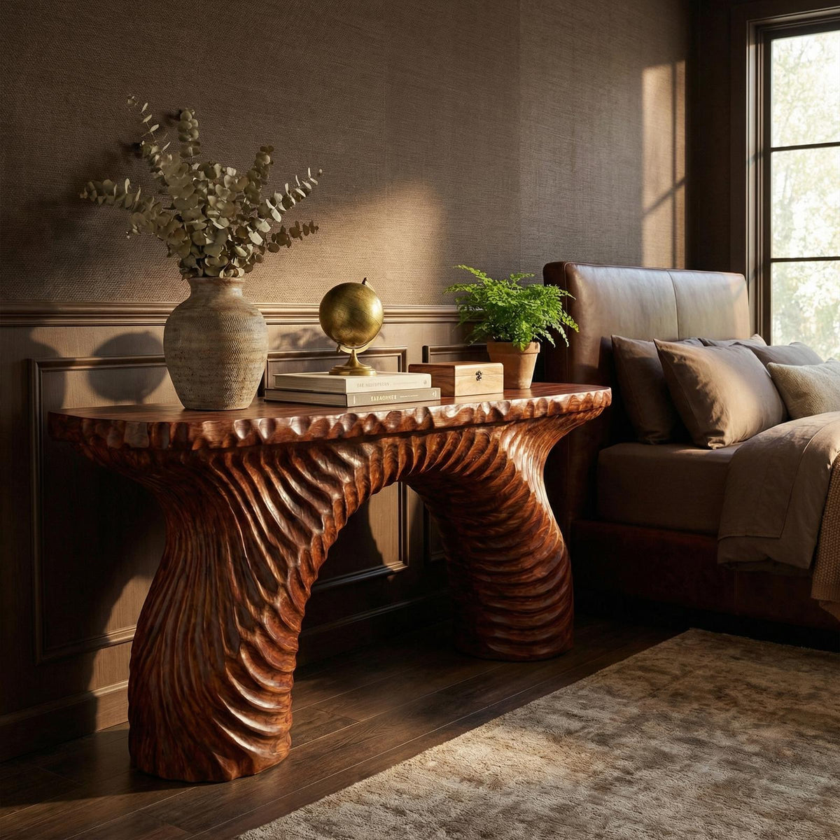 Rustic Ribbed Arch Wood Console Table, Handcrafted Narrow Entryway & Hallway Accent Table