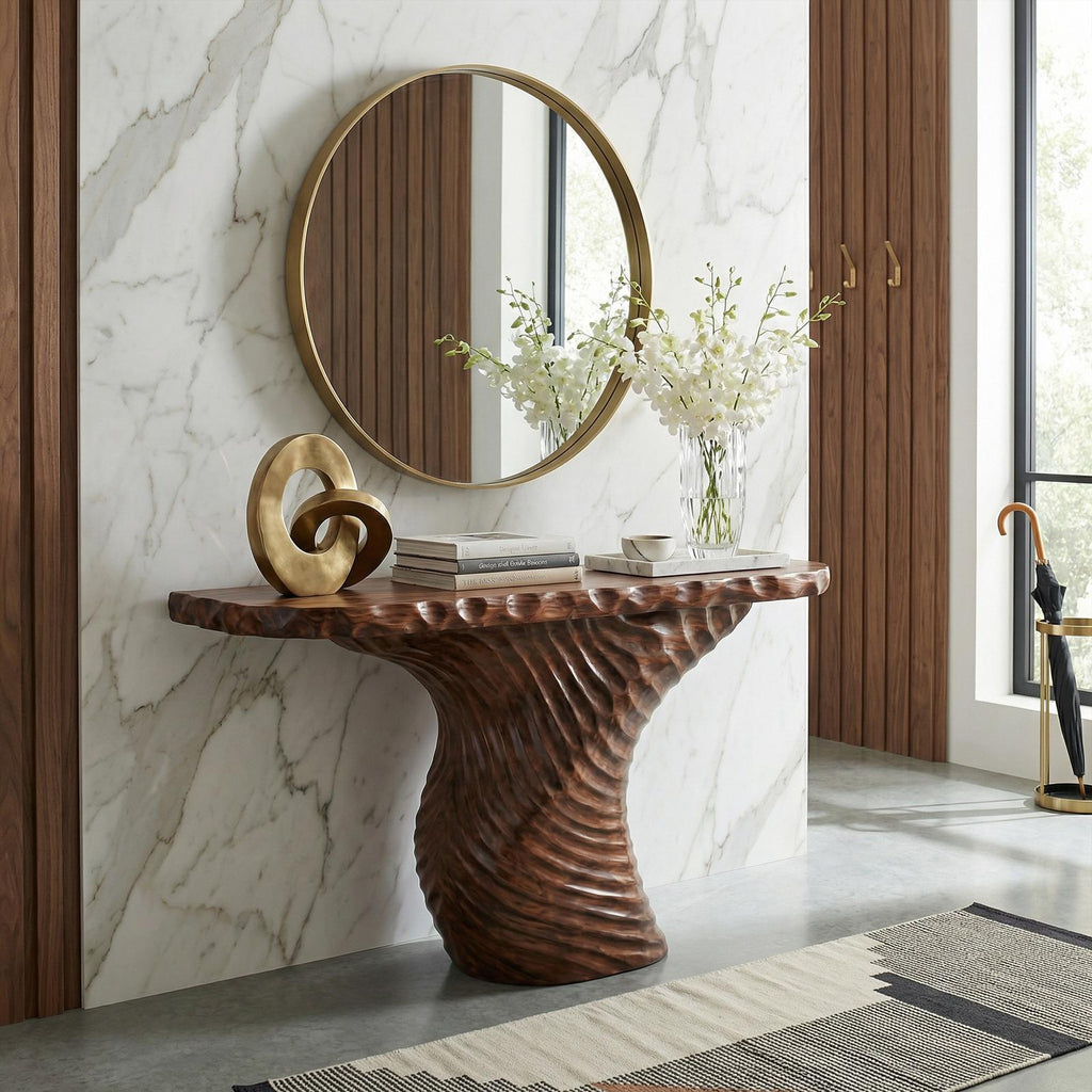 Rustic Ribbed Sculptural Console Table, Solid Wood Sofa Back & Entryway Accent Table for Living Room