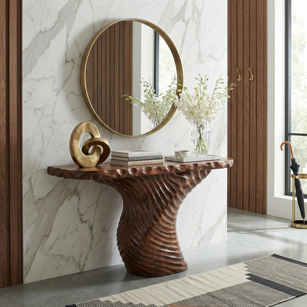 Rustic Ribbed Sculptural Console Table, Solid Wood Sofa Back & Entryway Accent Table for Living Room
