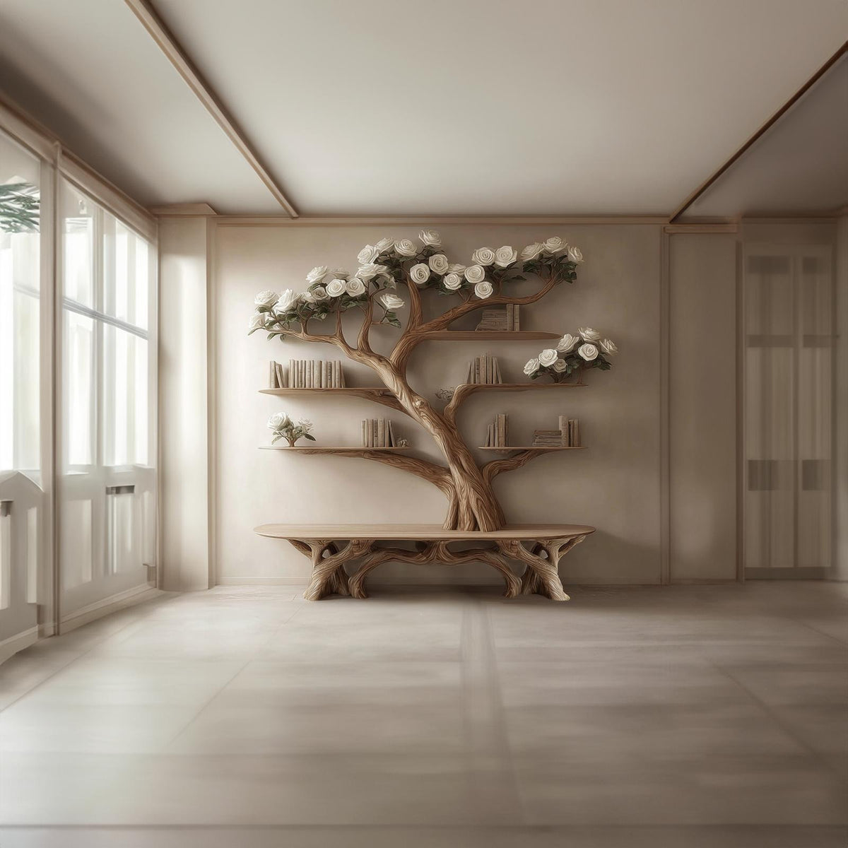 Rustic Tree Bookshelf Bench Living Room