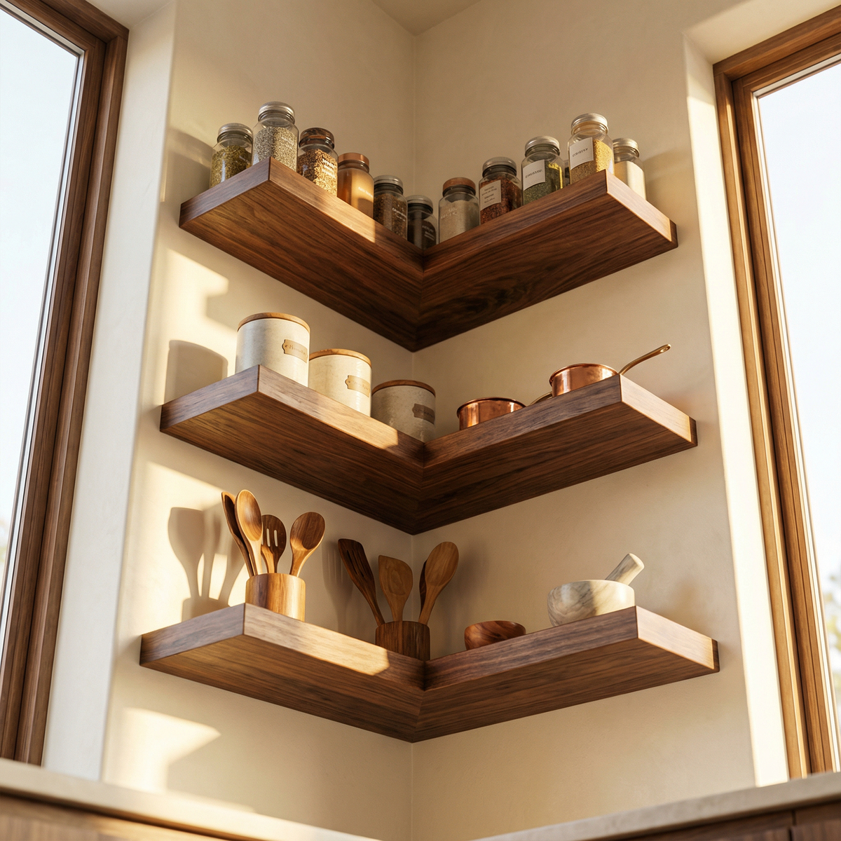 Modern Corner Wall Mounted Kitchen Shelving Unit Wood Storage Rack
