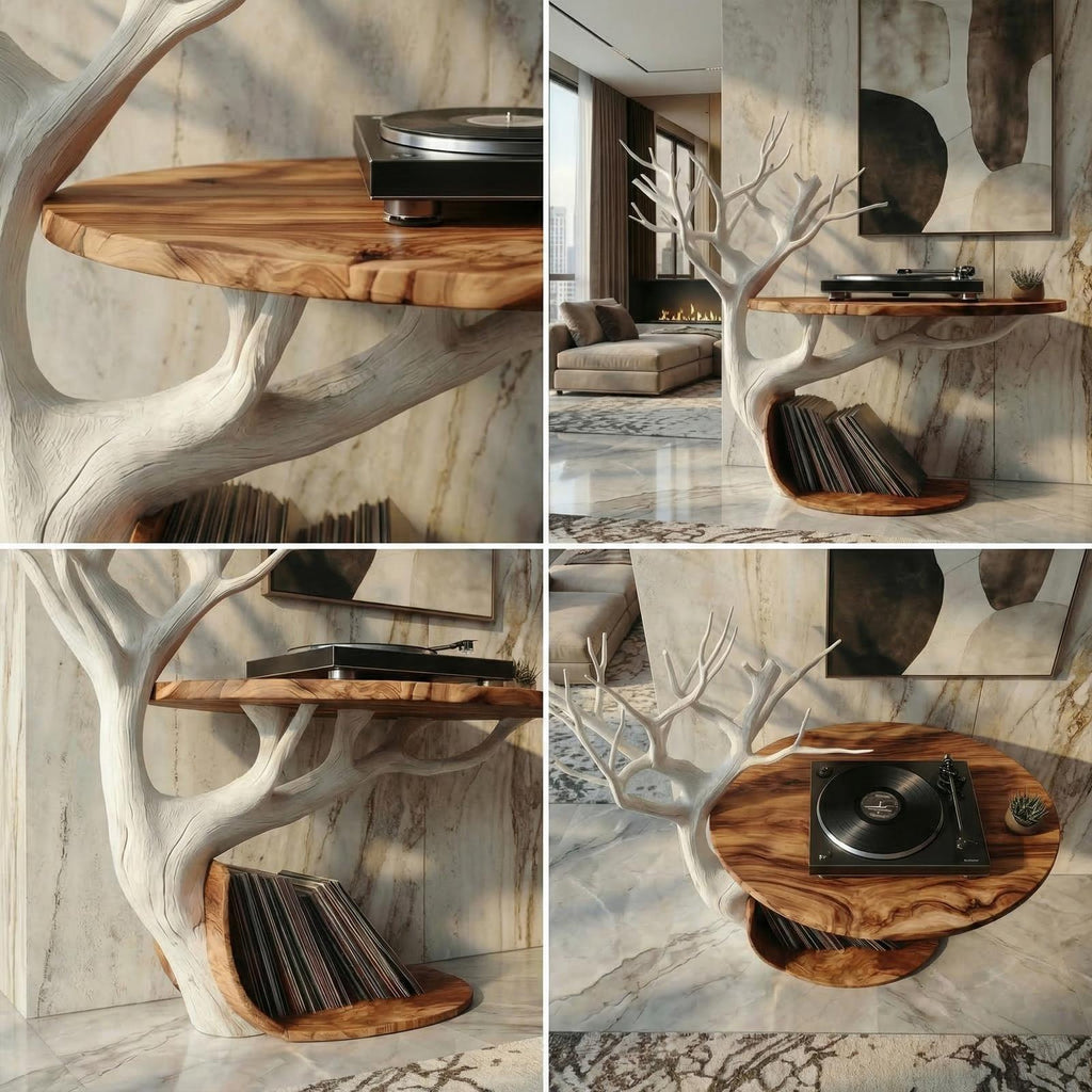 Midcentury Tree Branch Record Player Stand Vinyl Shelf Living Room Decor