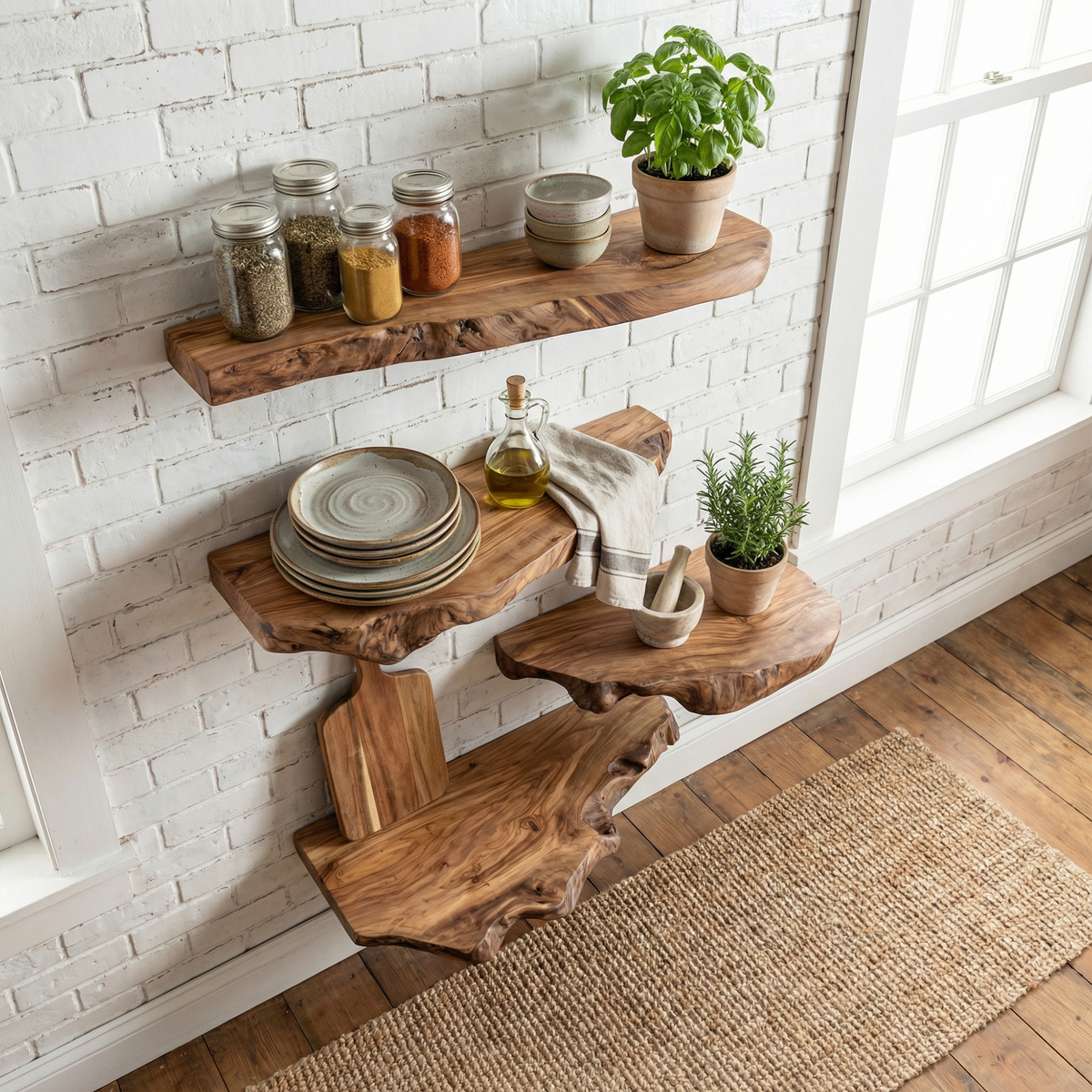Modern Live Edge Corner Floating Shelves, Solid Wood L Shaped Hanging Shelf, Rustic Bathroom & Living Room Organizer