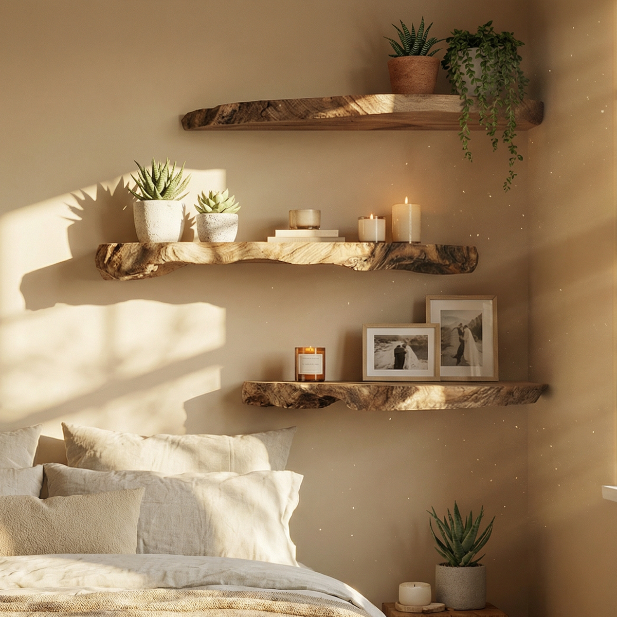 Modern Natural Slab Floating Kitchen Shelves, Solid Wood Wall Hanging Display Ledges, Heavy Duty Pantry Storage