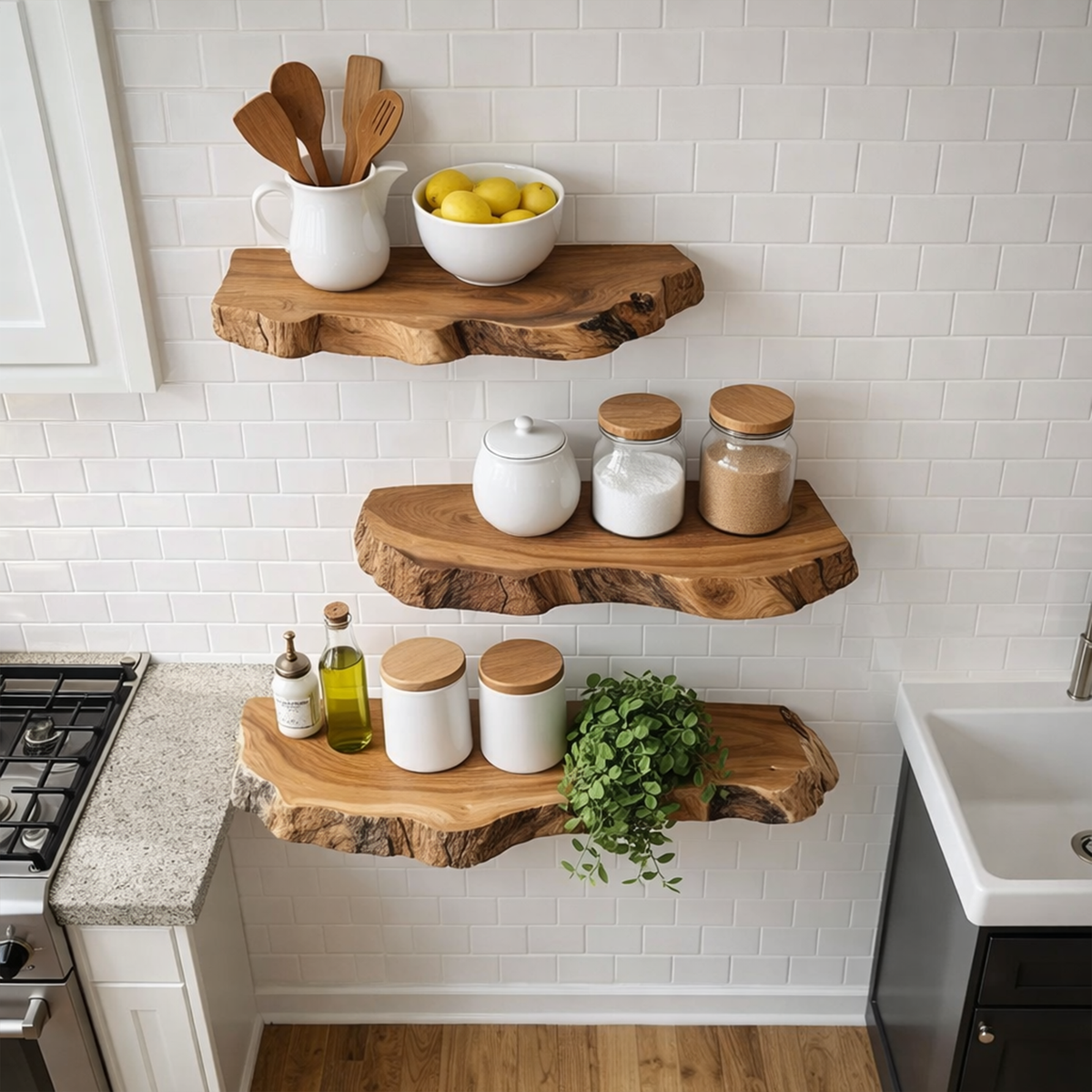 Modern Thick Live Edge Floating Wall Shelves, Chunky Solid Wood Slab Floating Shelves for Kitchen, Bathroom & Plants