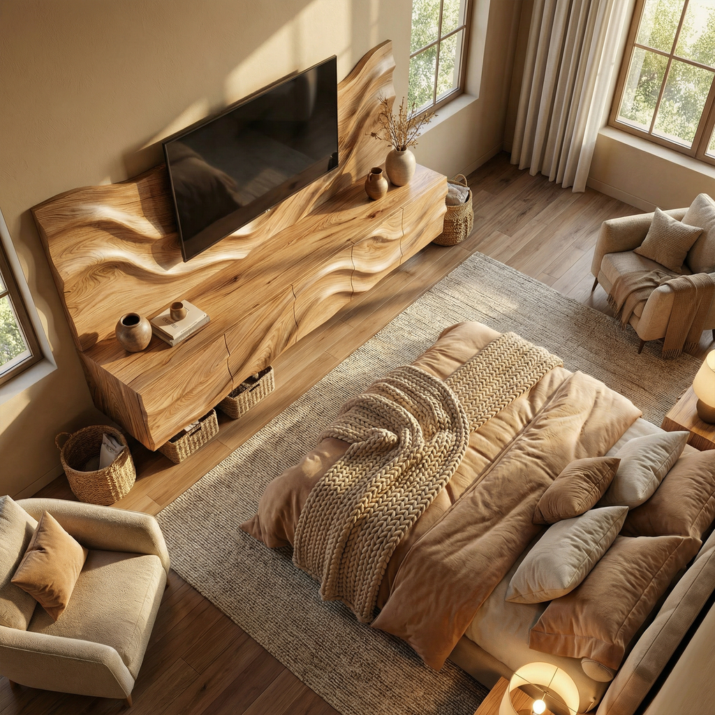 Scandinavian TV Cabinet & Slat Wood Wall Panel Set, Modern Entertainment Center for Living Room, Media Console