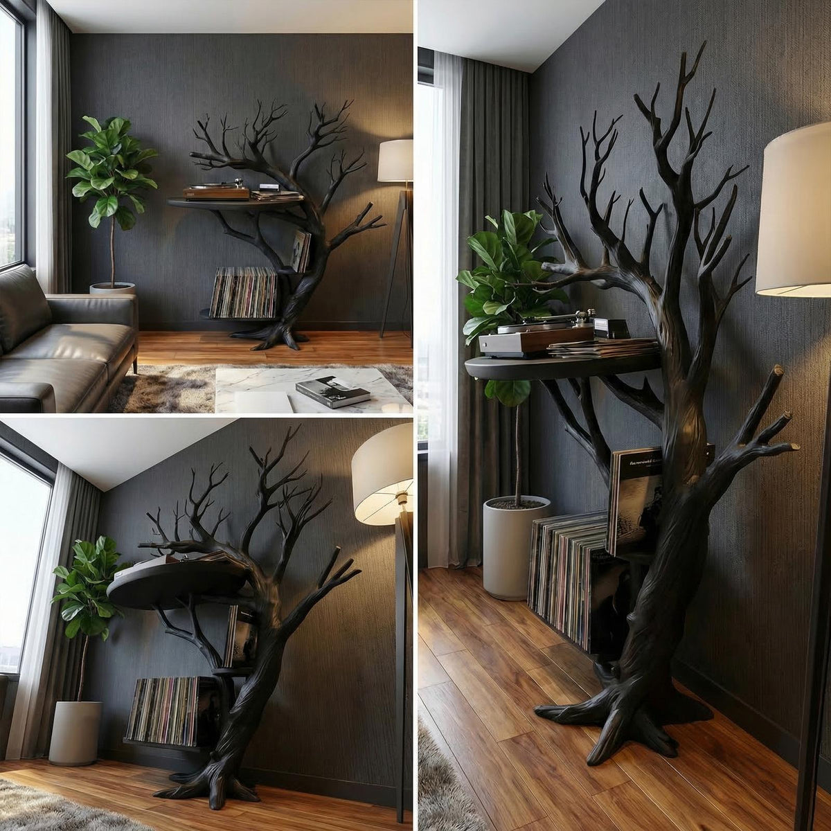 Rustic Tree Shaped Record Player Stand Shelf Living Room Decor