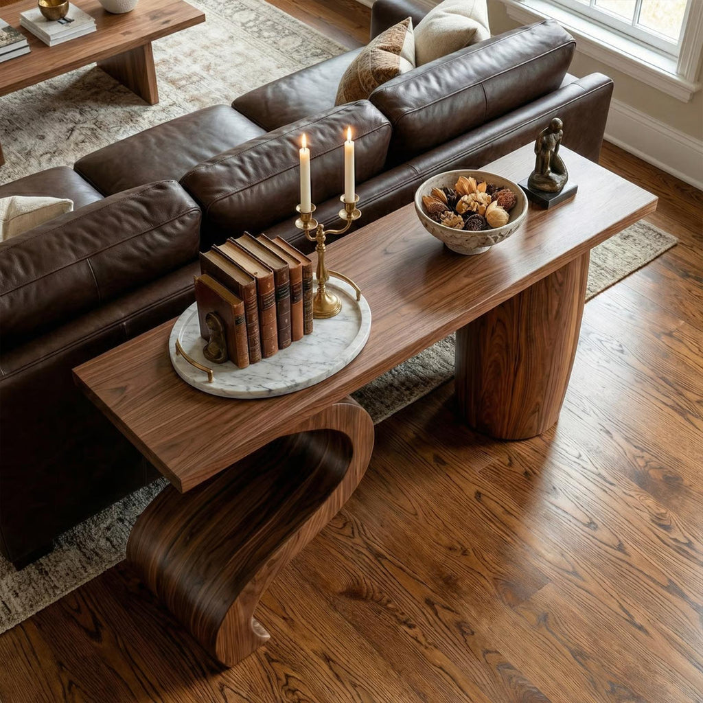 Contemporary Wave Base Wood Console Table, Sculptural Entryway, Hallway & Sofa Back Table