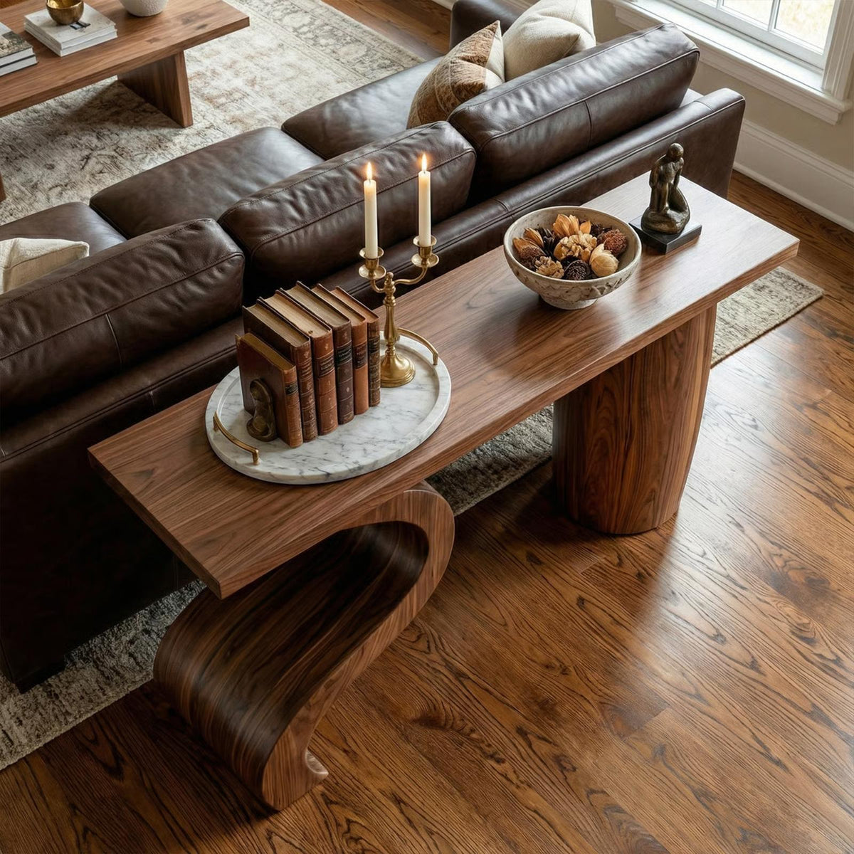 Contemporary Wave Base Wood Console Table, Sculptural Entryway, Hallway & Sofa Back Table