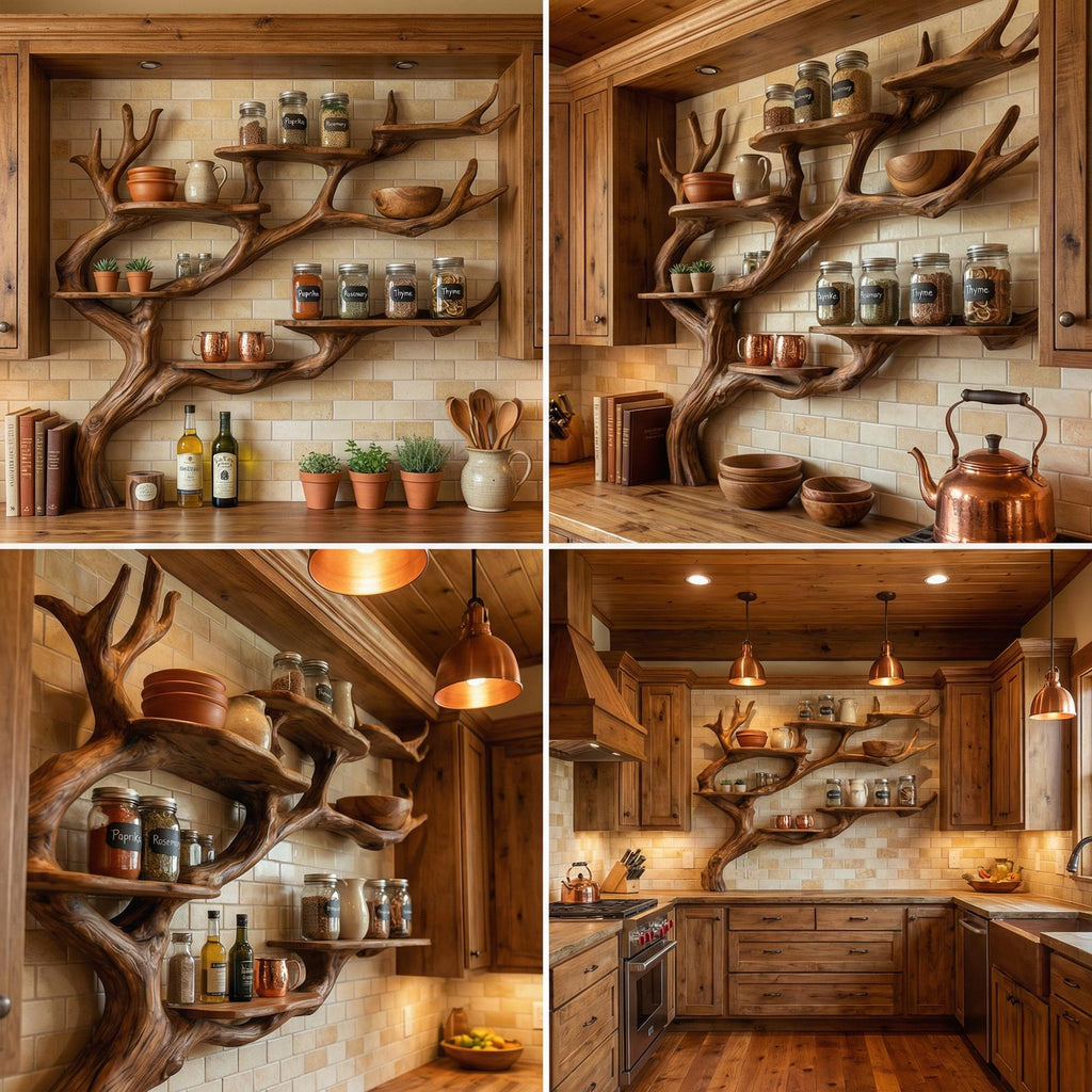 Rustic Tree Branch Wall Shelf Kitchen Storage Display Decor