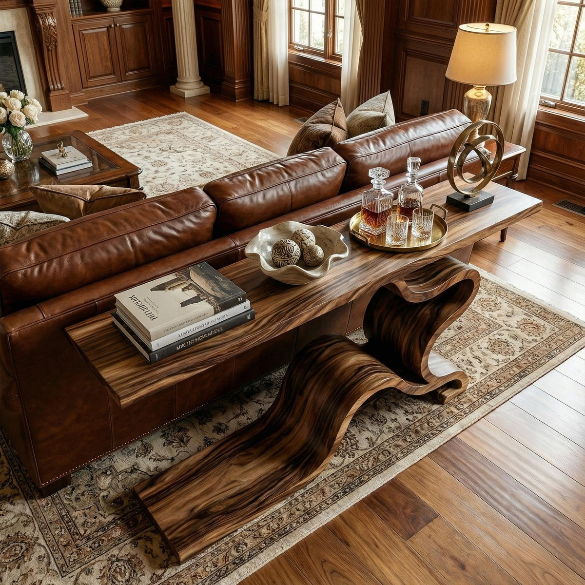 Sculptural S-Curve Wood Console Table, Handcrafted Sofa Back & Entryway Accent Table
