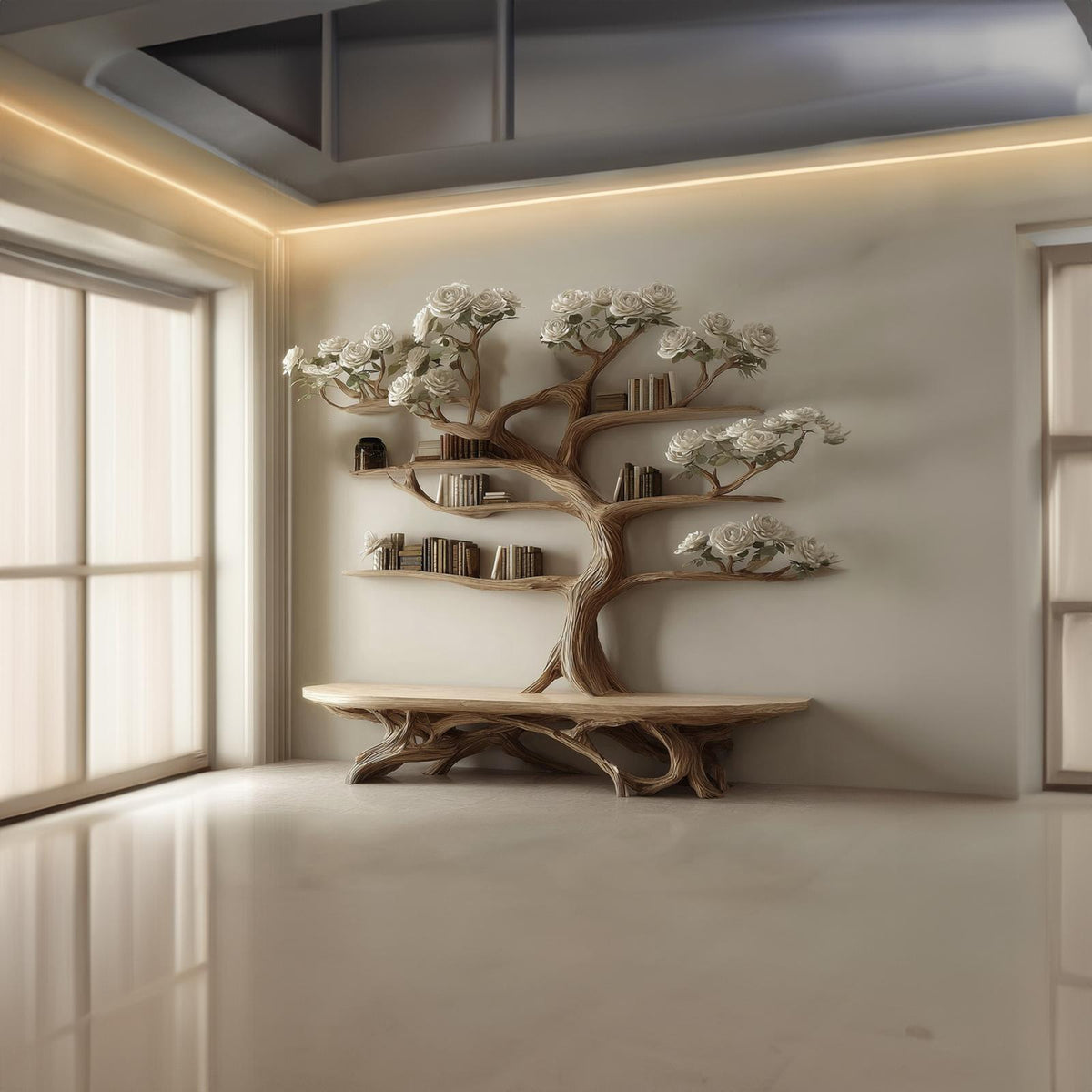 Rustic Artistic Tree Shelf Study Room