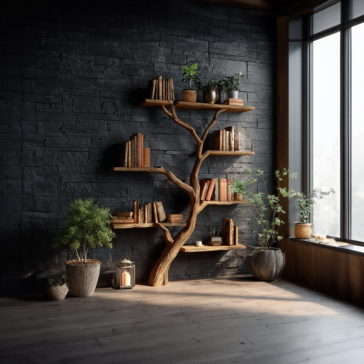 Rustic Tree Bookcase, Solid Wood Wall Mounted Branch Shelf, Creative Floating Bookcase for Kids Reading Nook Decor