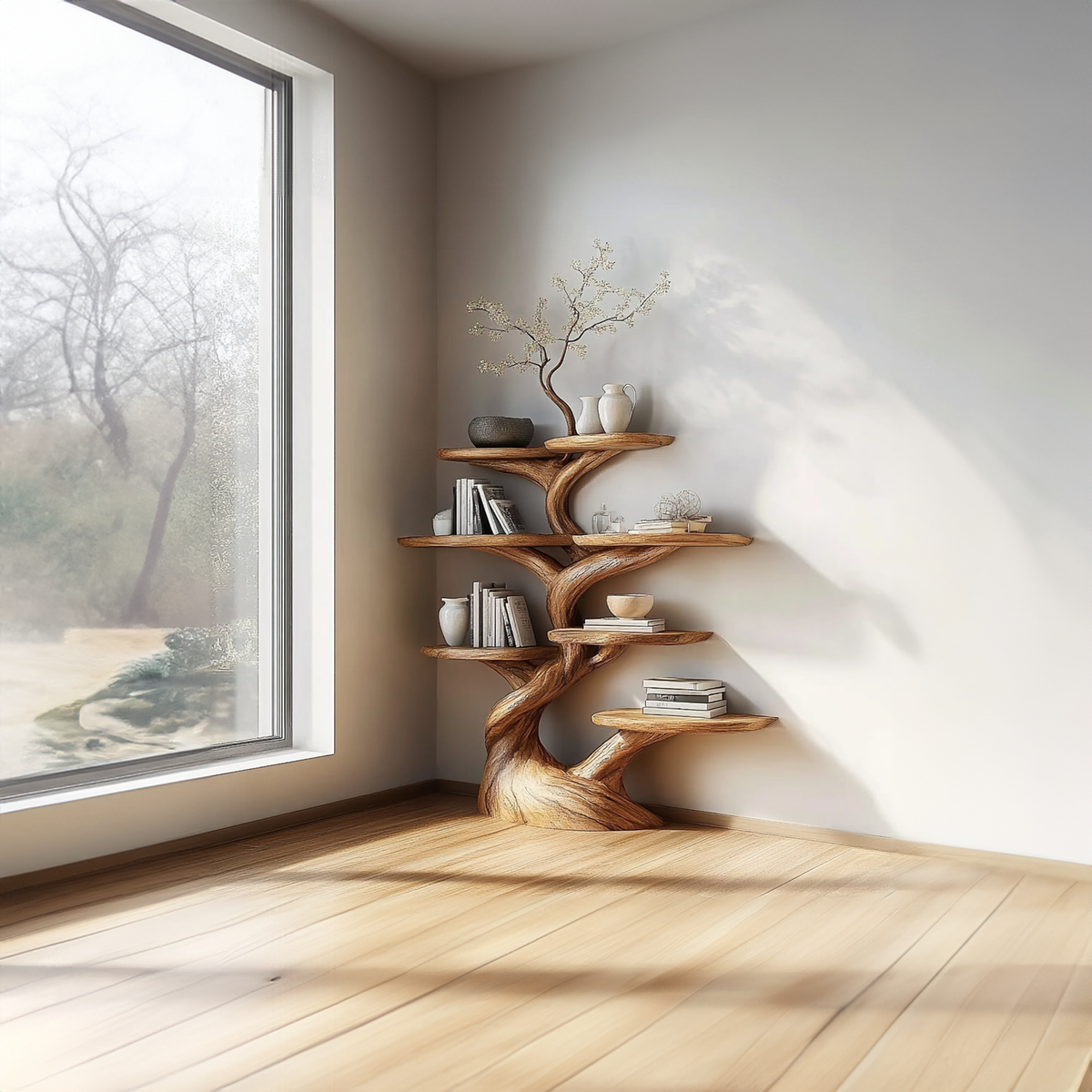 Rustic Decorative Tree Wooden Shelf, Branch Bookshelf & Display Rack for Living Room, Dining Room Furniture