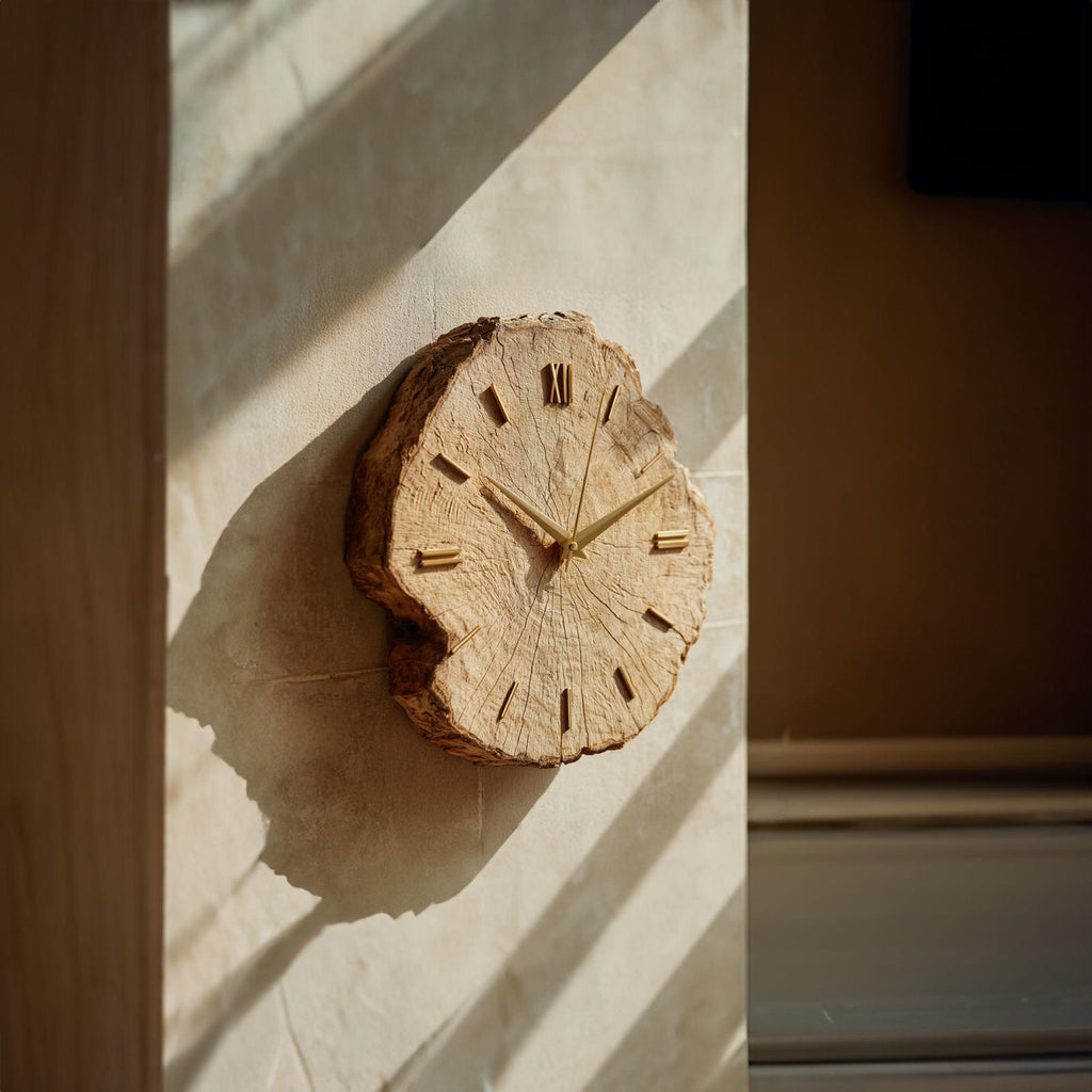 Rustic Organic Wood Wall Clock, Large Handcrafted Live Edge Tree Slice Silent Clock for Living Room, Model