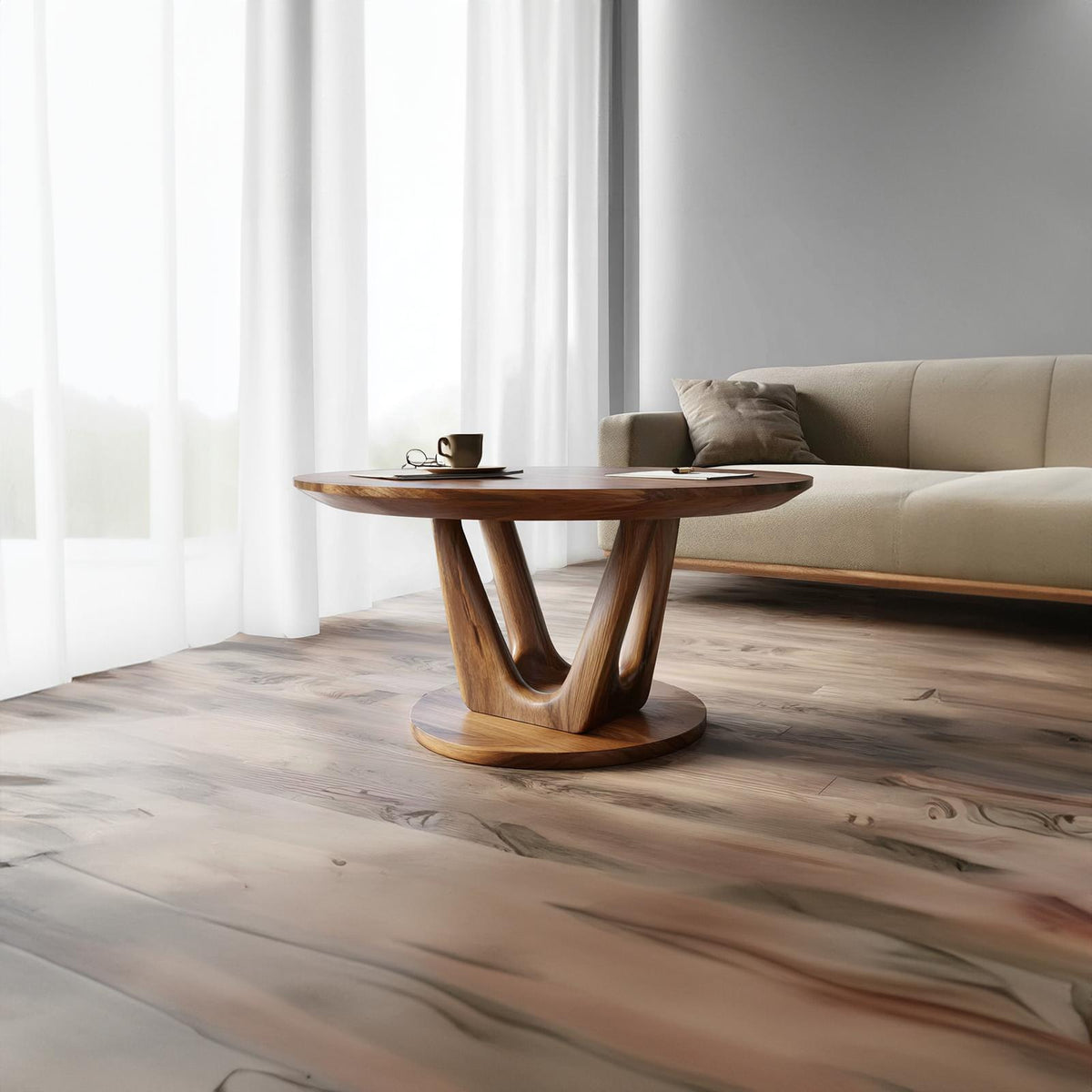 Contemporary Round Coffee Table, Mid-Century Modern Solid Wood Sculptural Centerpiece Table for Living Room, Lounge