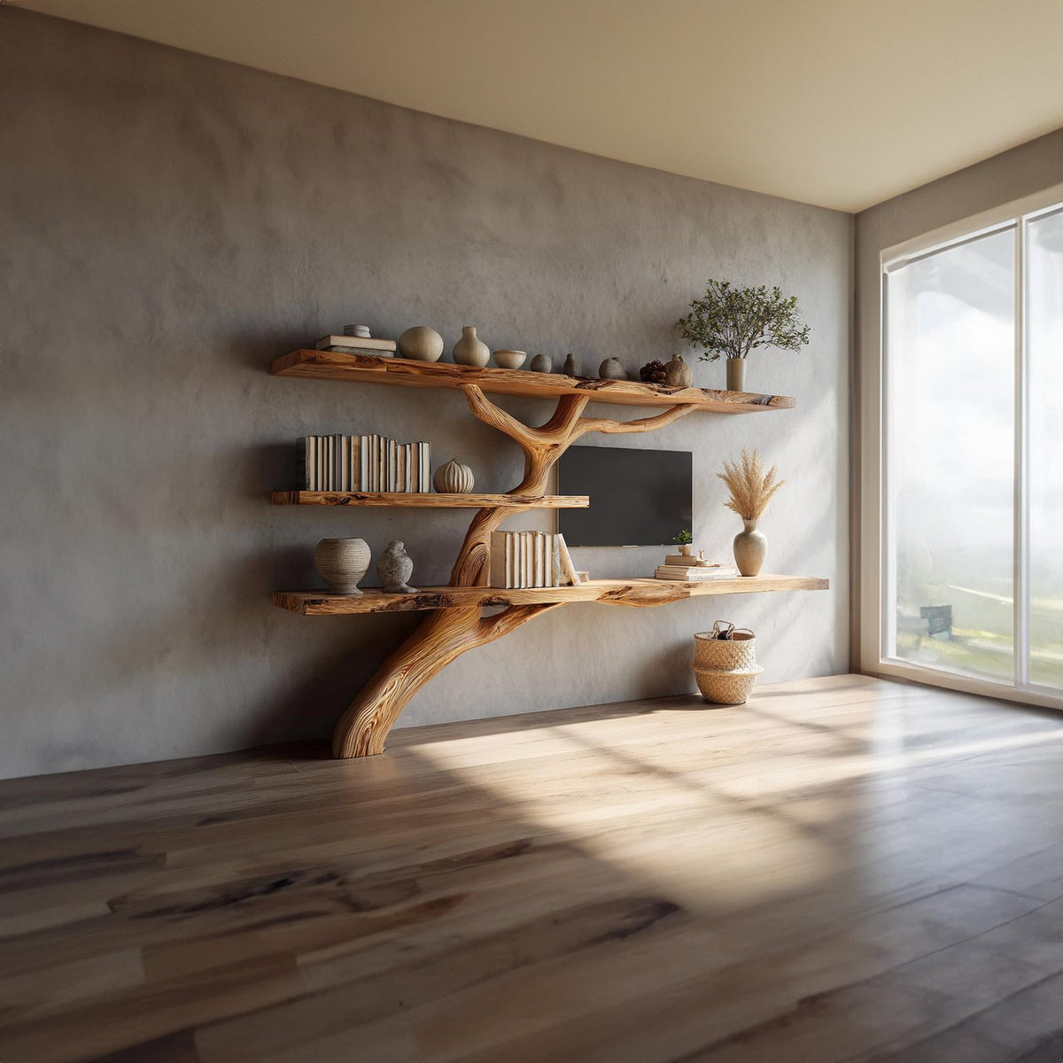 Rustic Tree TV Console Living Room Bedroom Wall Display