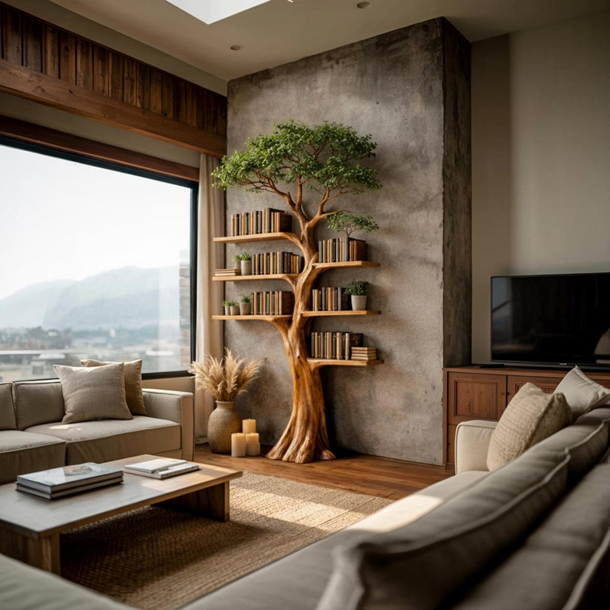 Rustic Artistic Tree Bookshelf, Freestanding Wood Branch Bookcase and Storage Rack for Modern Living Room