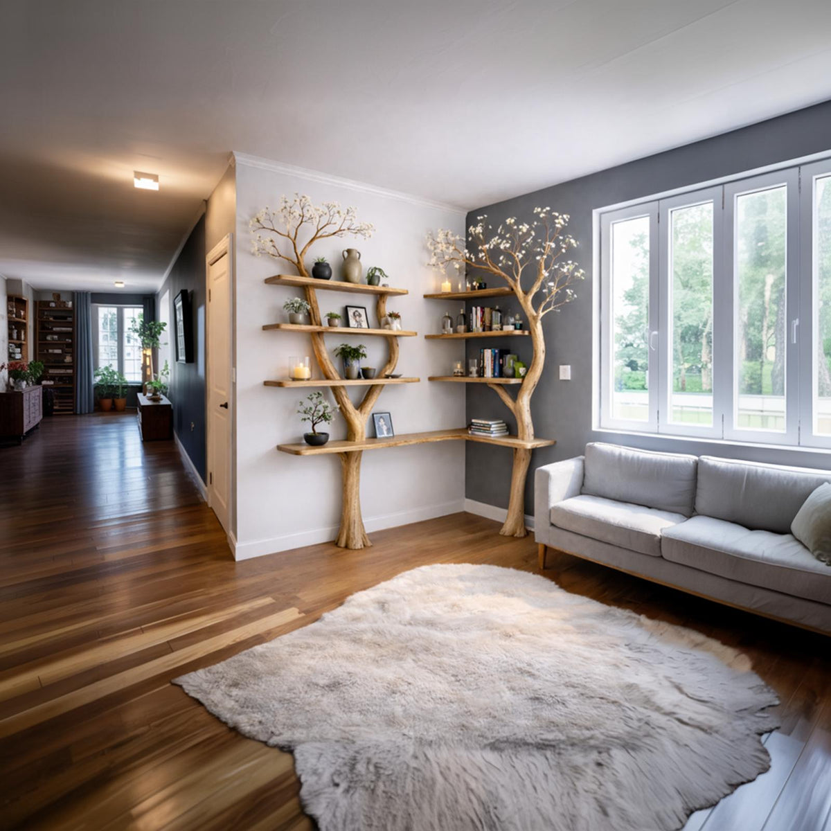 Spry Interior Nature Inspired Solid Wood Tree Display Bookcase, Handcrafted Floating Branch Wall Mounted Shelf for Living Room, SINLKITB640