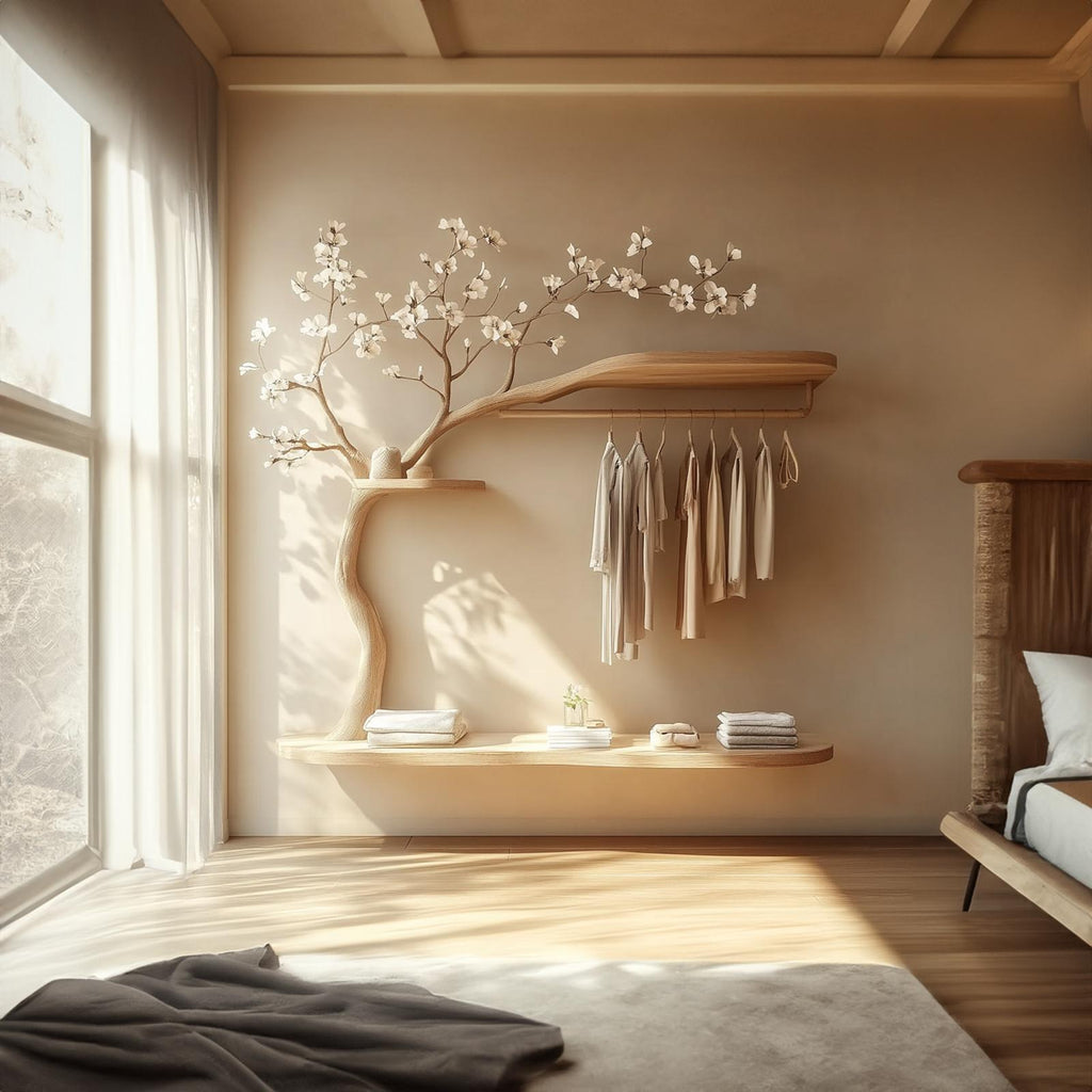 Scandinavian Wooden Tree Wardrobe, Handcrafted Solid Wood Clothes Drying Rack, Natural Coat Stand for Bedroom Decor