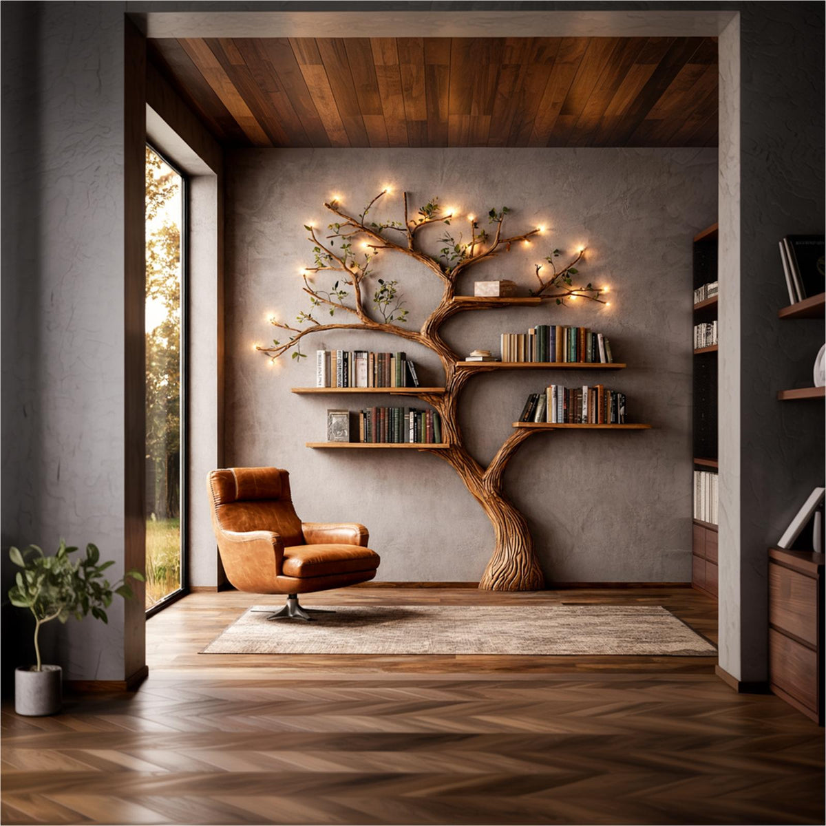 Organic Modern Wall Mounted Tree Bookshelf, Handcrafted Solid Wood Floating Branch Bookcase for Living Room