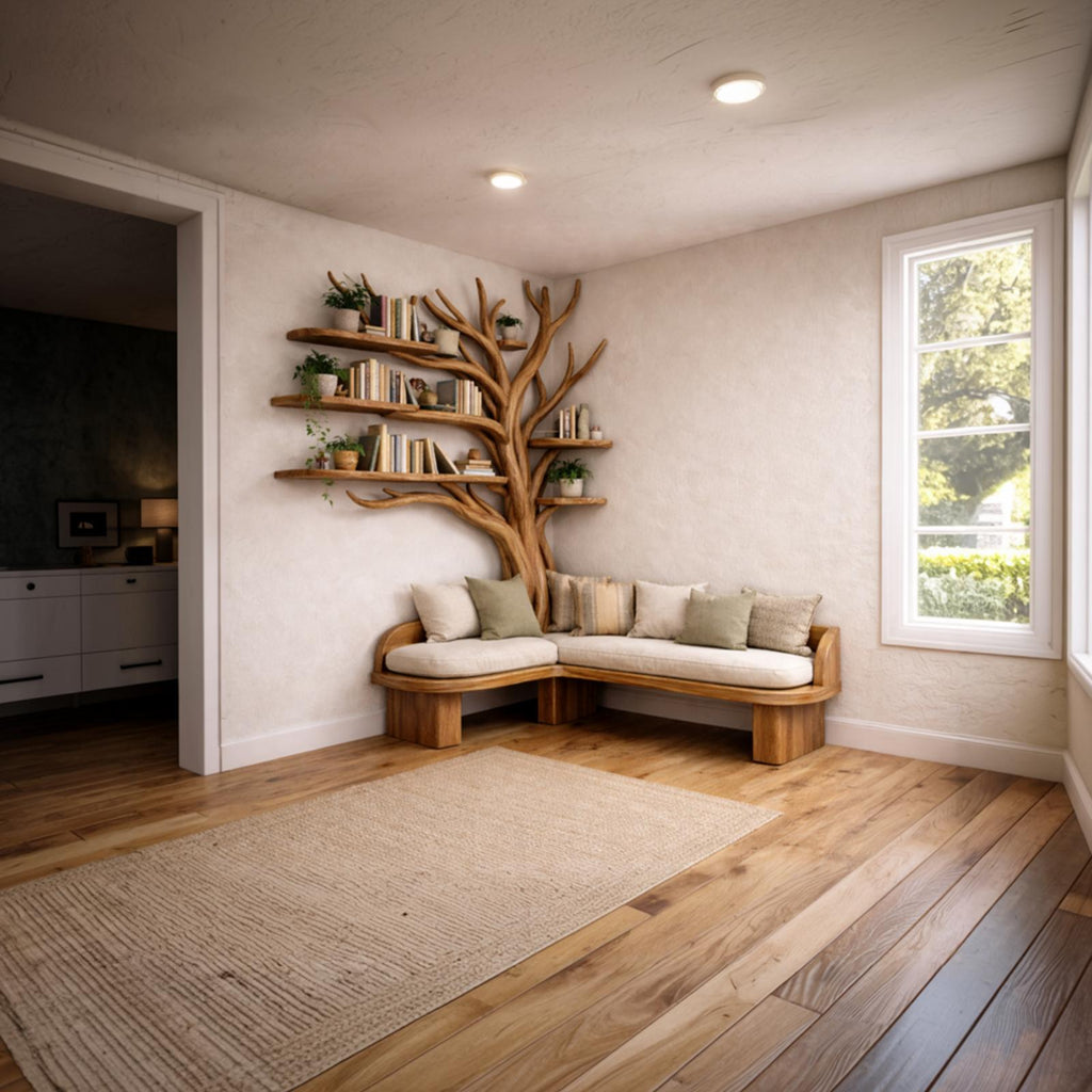 Spry Interior Rustic Sculptural Tree Bookshelf with Corner Bench, Wood Branch Shelf with Integrated Entryway & Foyer Seating, SINLKITB654
