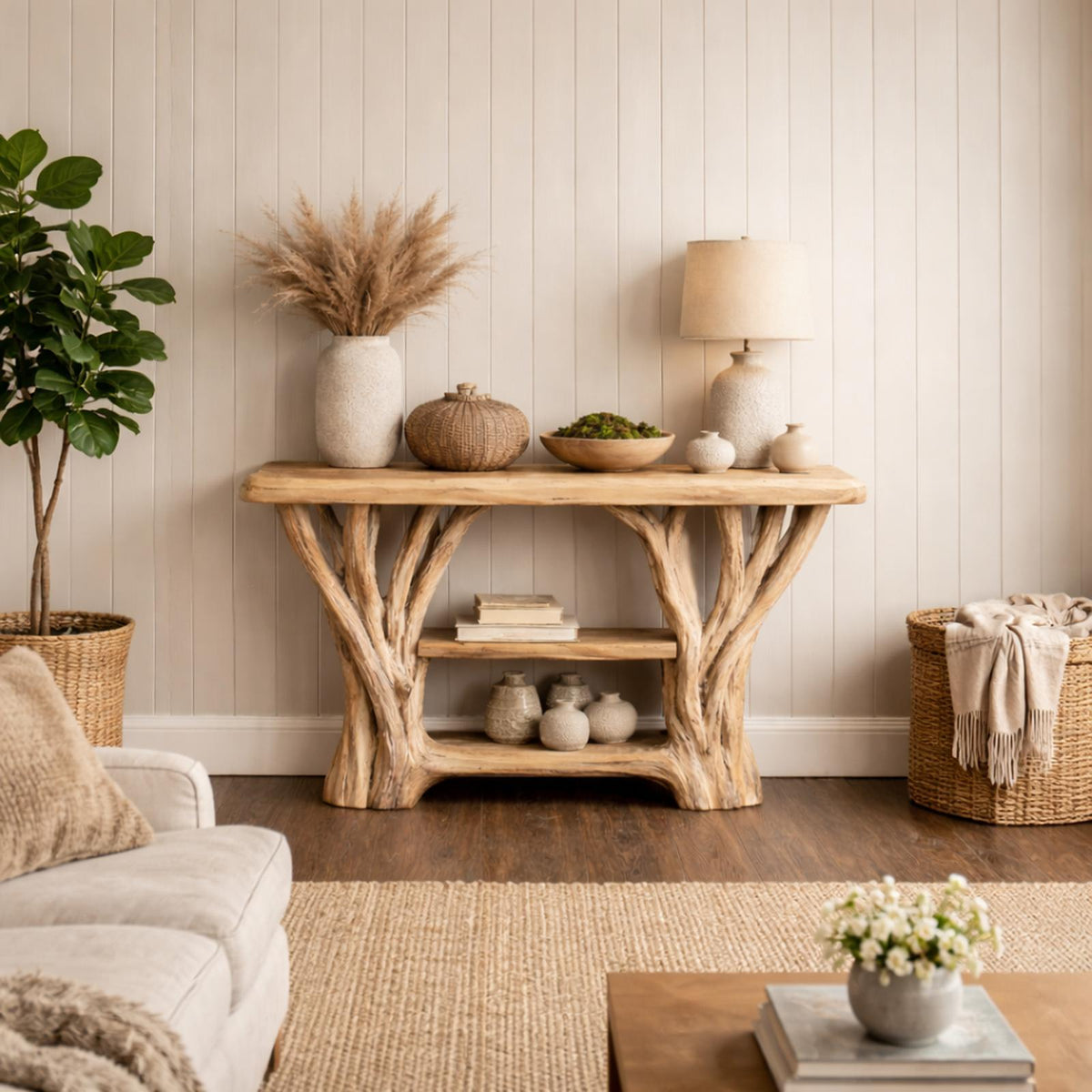 Spry Interior Japandi Style Wood Console Table, Sculptural Single Pedestal Base Minimalist Entryway Table for Modern Home, SINLKICS480