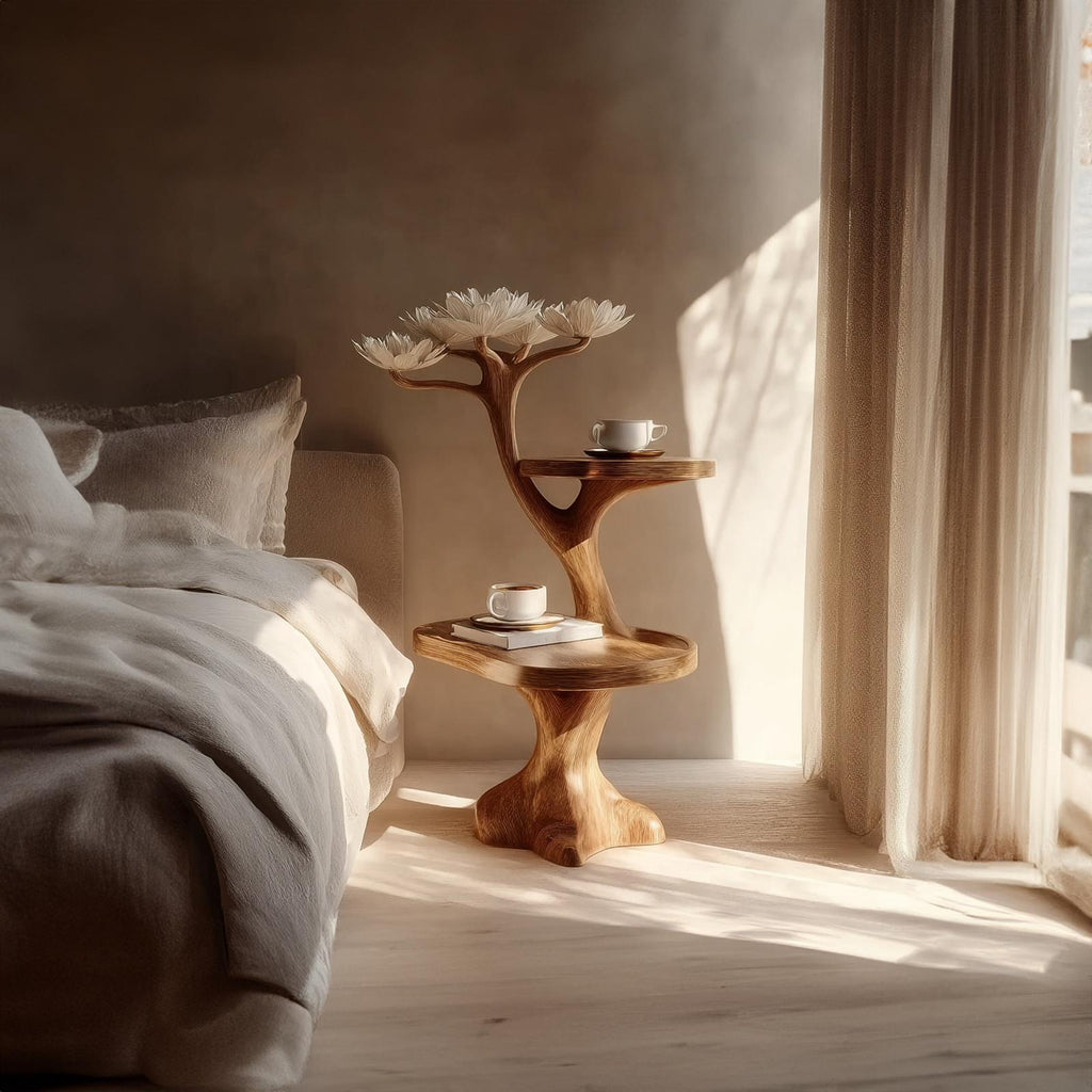 Rustic Wood Sculptural Bedside Table, Modern Bedroom Nightstand & Space Saving Corner Accent End Table