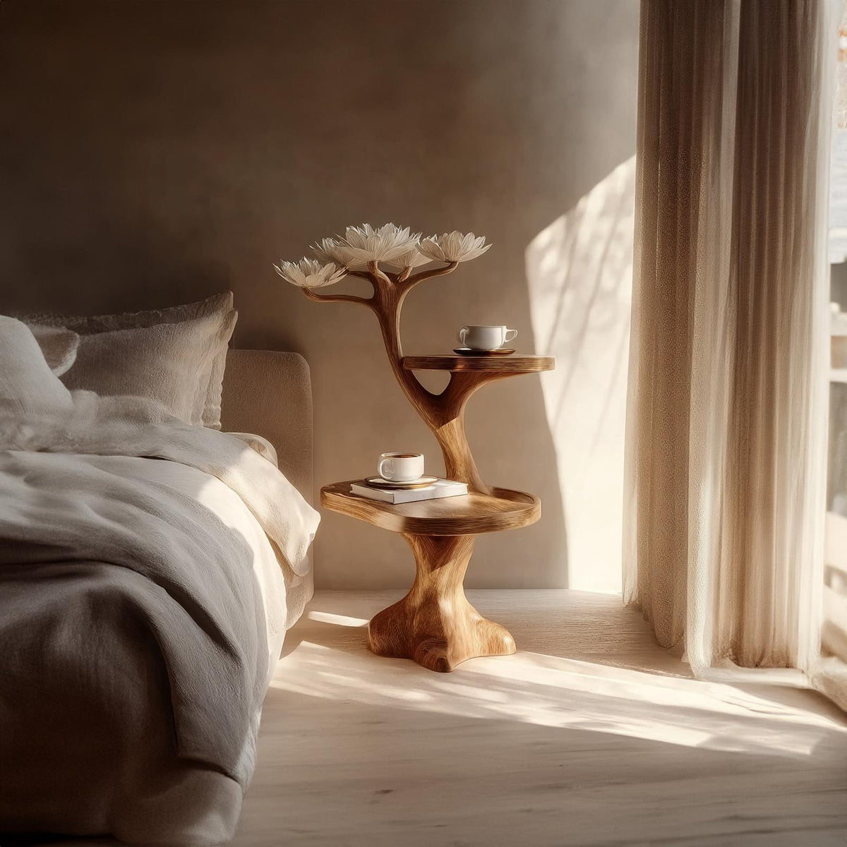 Rustic Wood Sculptural Bedside Table, Modern Bedroom Nightstand & Space Saving Corner Accent End Table