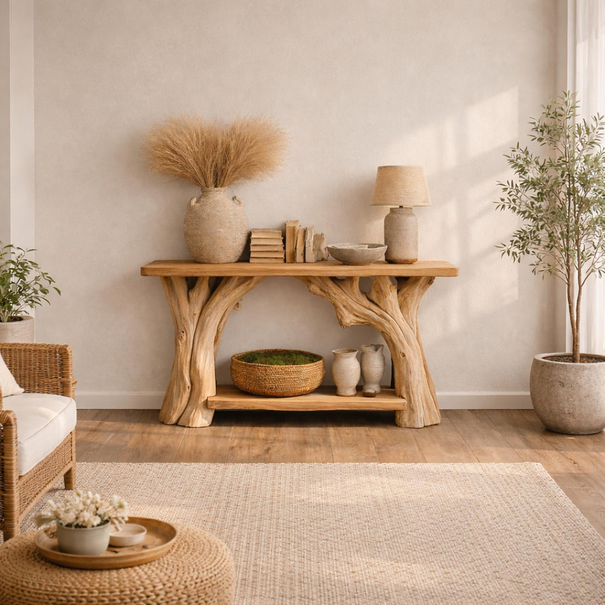 Spry Interior Organic Rustic Wood Console Table with Sculptural Tree Legs and Storage Bottom Shelf for Hallway Entryway, SINLKICS481