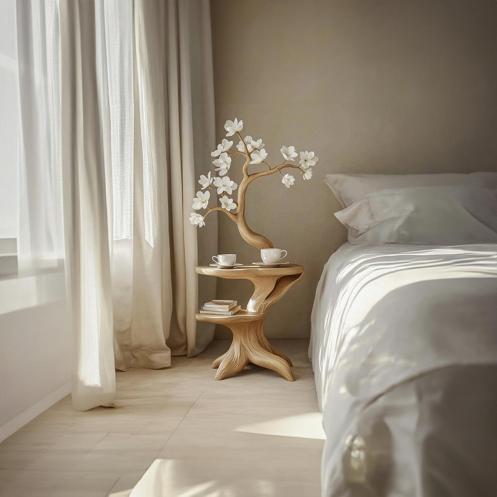 Handcrafted Rustic Flower Shaped Bedside Table, Solid Wood Nightstand & Decorative Accent End Table for Entryway