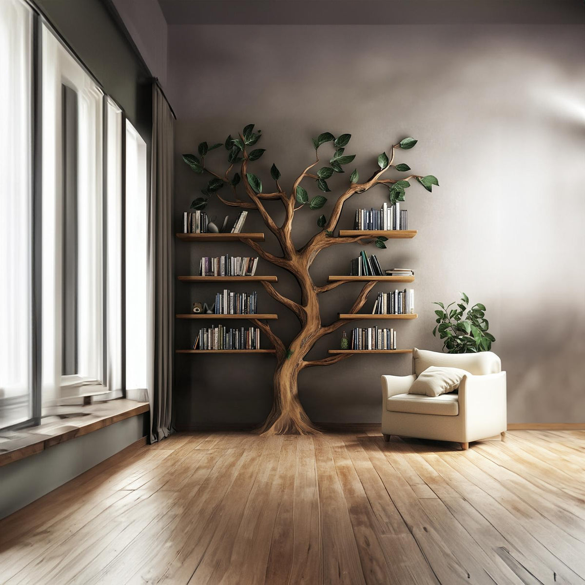 Rustic Tree Shaped Bookshelf, Handcrafted Solid Wood Wall Mounted Bookcase & Floating Display Shelf for Living Room Decor