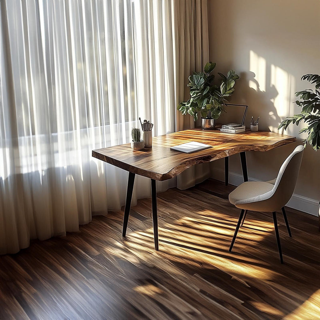 Rustic Computer Desk, Solid Wood Writing Table for Study Area, Reading Room Laptop Table with Metal Legs