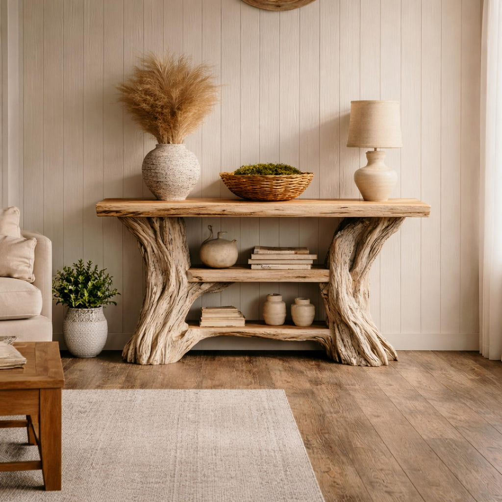 Rustic Branch Console Table, Solid Wood Handcrafted Tree Inspired Base Entryway Table for Hallway Living Room