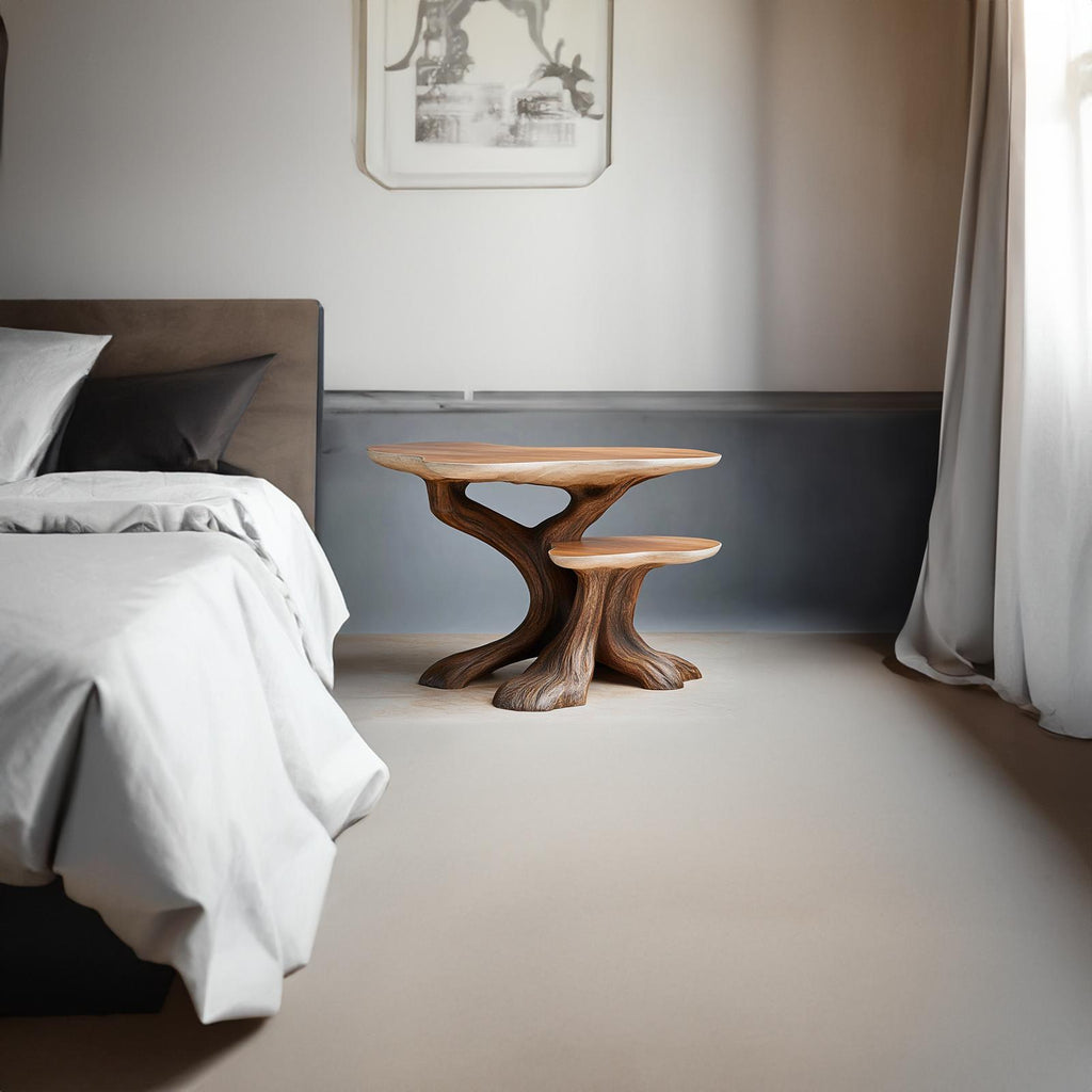 Rustic Tree Shaped Bedside Table, Handcrafted Natural Wood Nightstand & Artistic Accent End Table for Bedroom