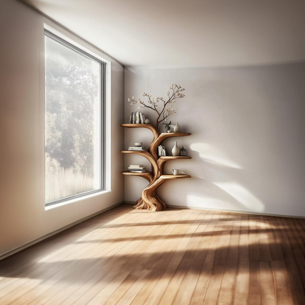 Rustic Wall Mounted Tree Shelf, Wooden Floating Branch Bookshelf & Cozy Decorative Display Rack for Living Room